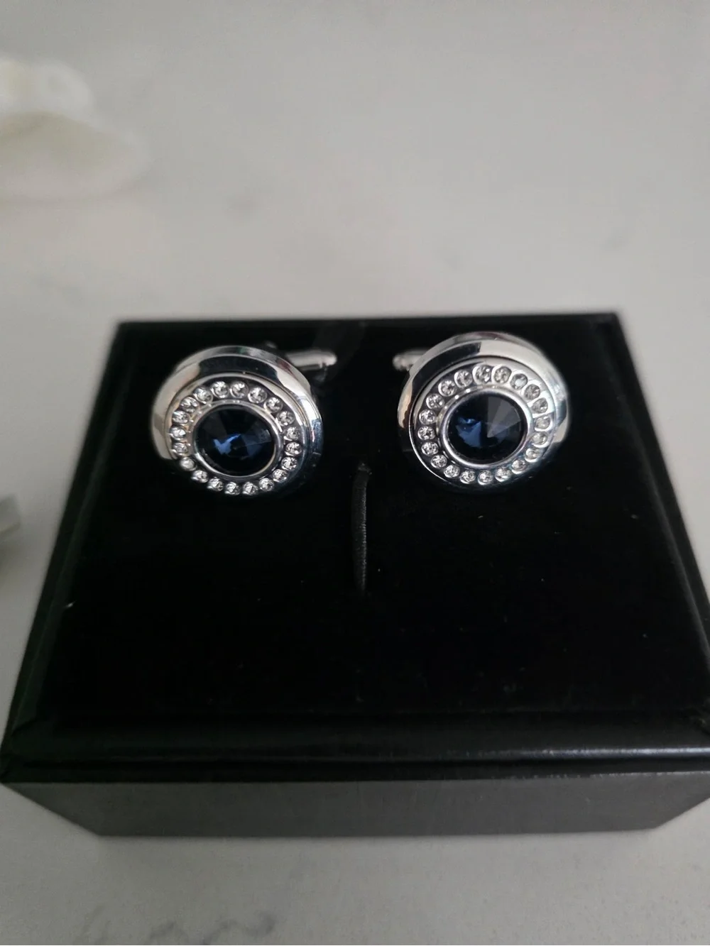 Silver Cufflinks and Tie Bar Set with Blue Accents